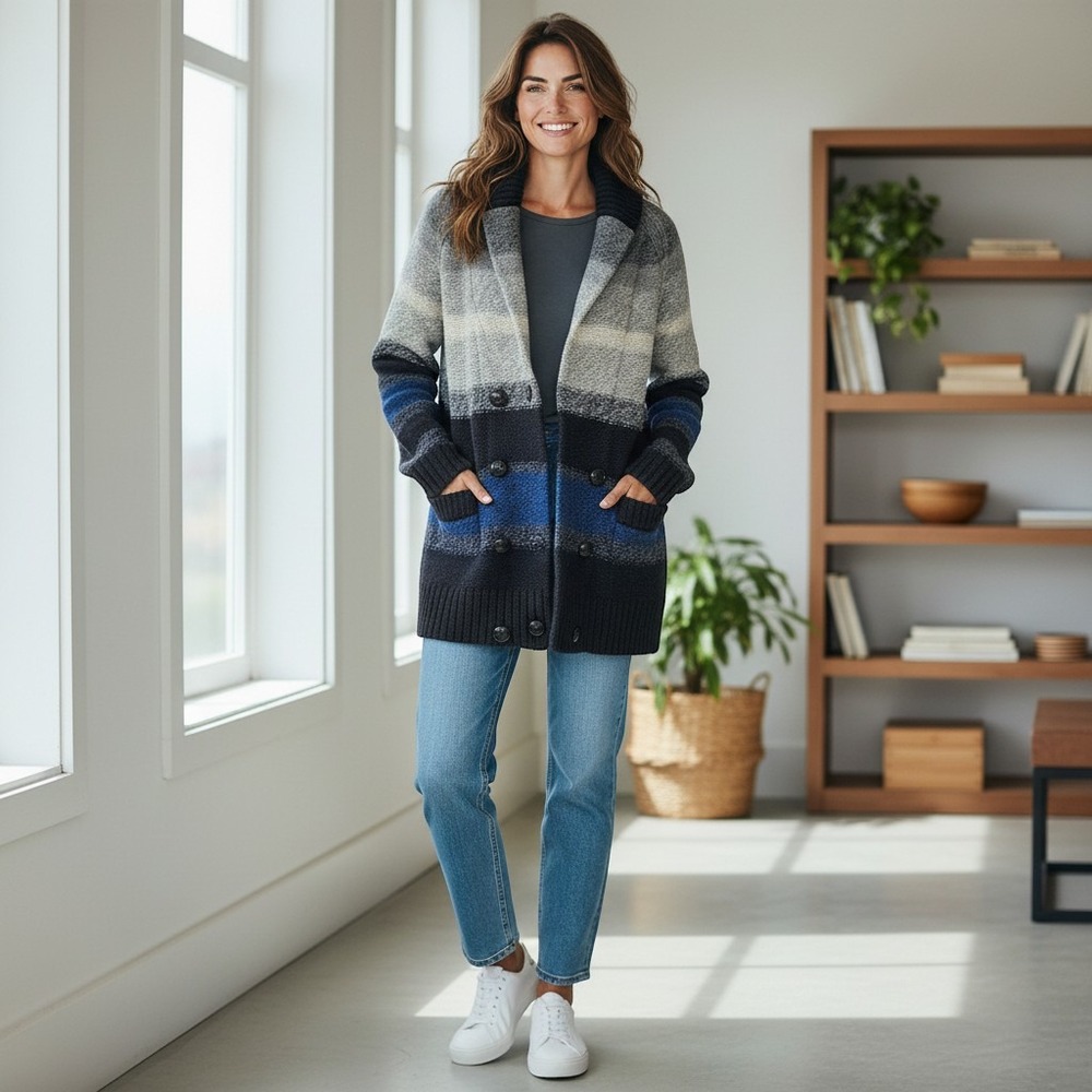 3.1 Phillip Lim Cardigan Women XS Grey Blue Striped Merino Wool Double Breasted